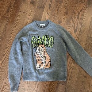 Ganni Gray Sweater with rabbit Graphic